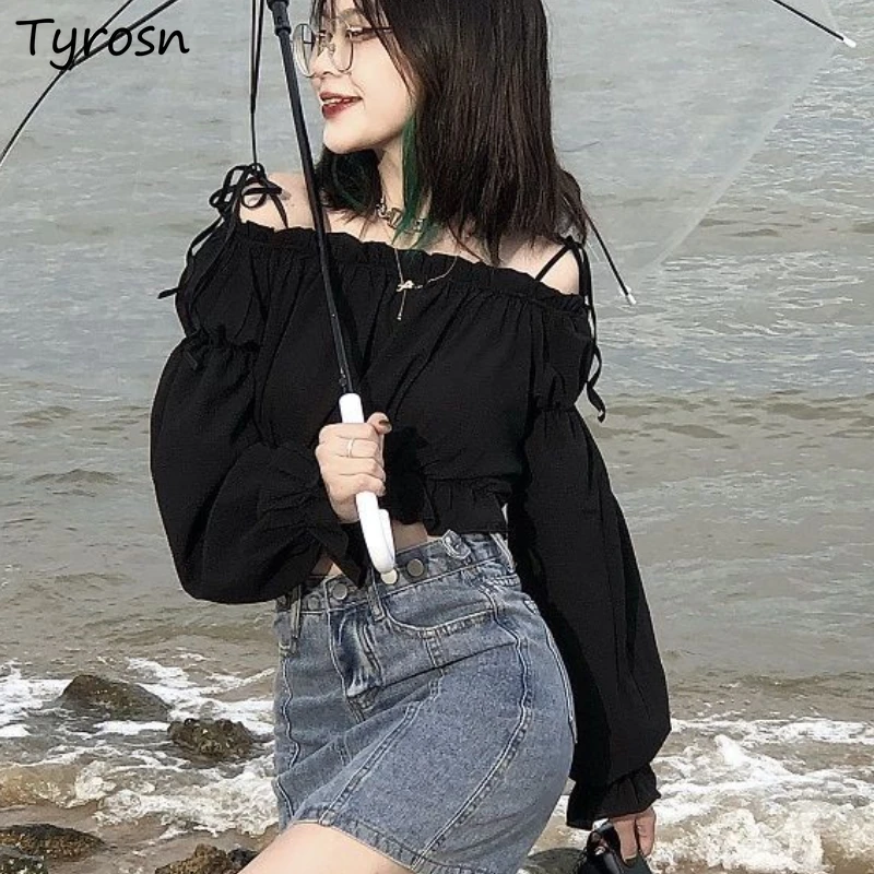 

Shirts Women Slash Neck Puff Sleeve Sweet Girls Elegant Ruffles Folds Designed Crop Tops Slim Blouses Daily All-match Y2K Tender