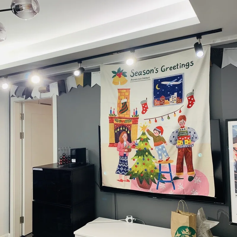 

Anime Illustration Xmas Tapestry Family Celebrating New Year Wall Hanging Cloth Window Show Christmas Decorative Curtain