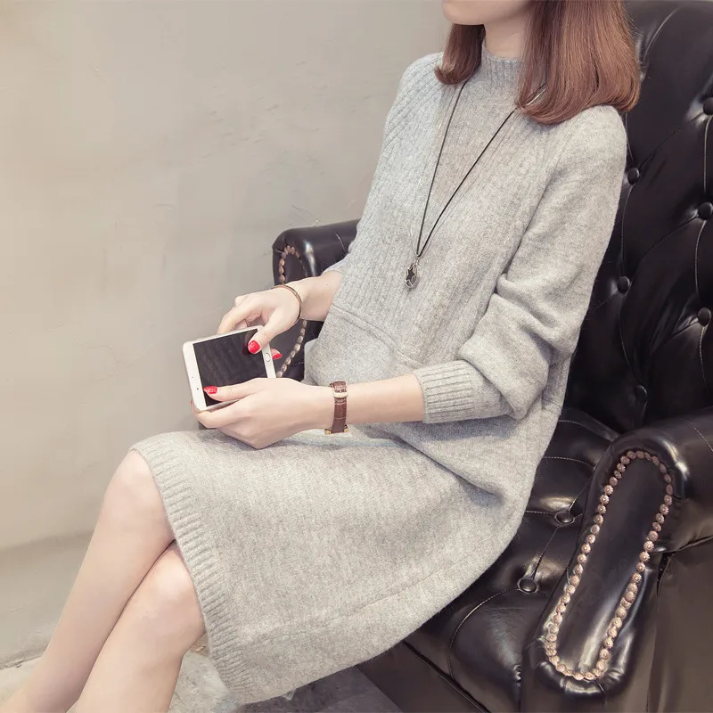 Baratos Vestido de Jersey de cuello alto 2019 para mujer moda Otoño e Invierno Jersey de punto suéter vestido de mujer de manga larga