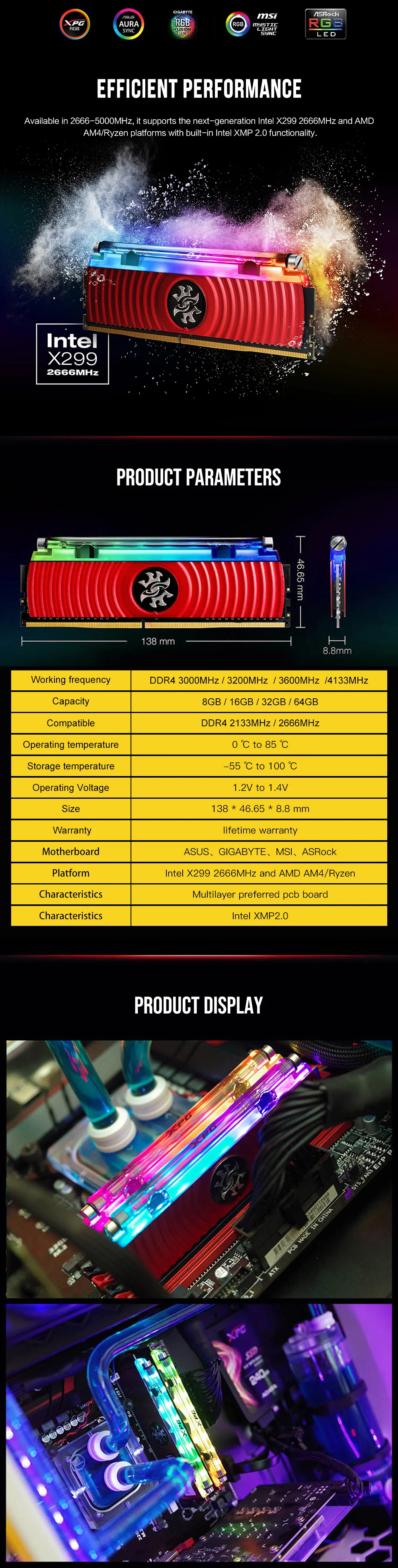 ADATA XPG D80 16 Гб 3000 МГц 3200 МГц 3600 МГц ПК Оперативная память модуль 2X8 Гб двухканальная DDR4 память PC4 Настольный DIMM