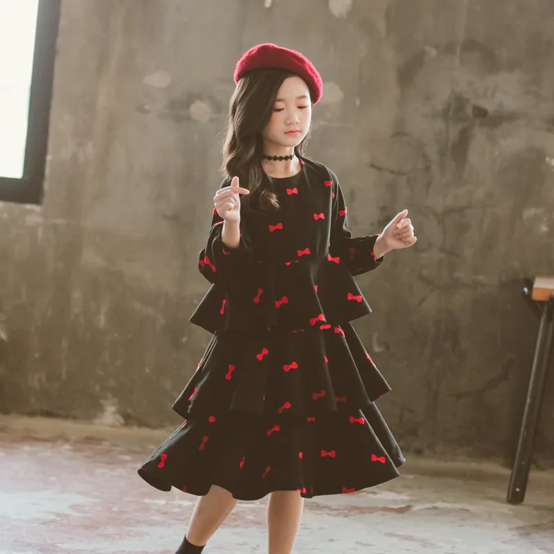 new Autumn winter baby princess dress layered girls dress velvet embroidered bow Korean children fashion dress,#5339