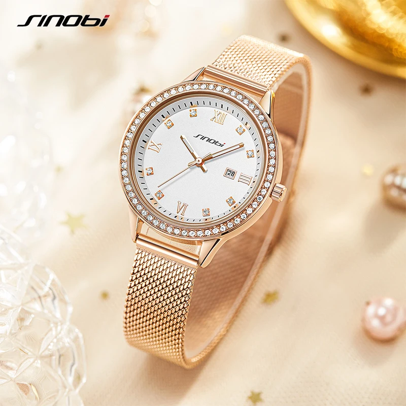SINOBI Fashion Diamond Woman Watches Golden Women Quartz Wristwatches Elegent Ladies Calender Gift Box Clock Relogio Feminino