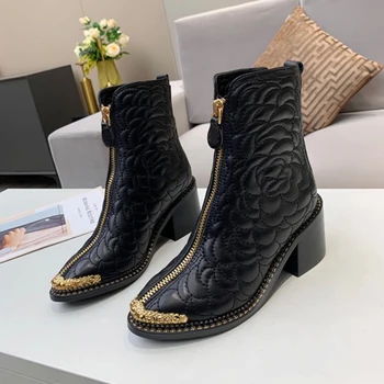 

Square Heels 7.5cm Ankle Boots Autumn Brand Design Women Shoes New Fashion Zip Female Boots