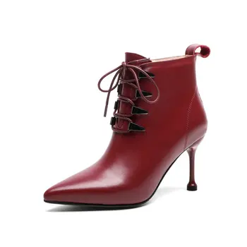 

Genuine Leather Short Boots ladies Boots Woman Autumn Winter Warm High Heels Women Metal Decoration lace up Ankle Boots