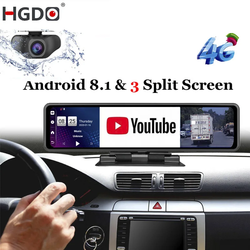 HGDO 12'' Car DVR Dashboard Camera  Android 8.1 4G ADAS Rear View Mirror Video Recorder FHD 1080P WiFi GPS Dash Cam Registrator