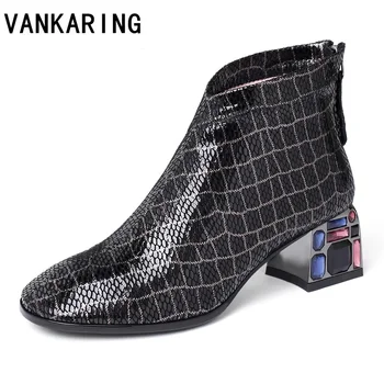 

new embossed stone pattern genuine leather ankle boots for women zipper platform autumn winter snow boots high heels women shoes
