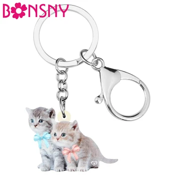 

Bonsny Acrylic Double Bow-knot Cat Kitten Key chains Animal Key Rings Bag Car Purse Decoration Keychain For Women Girls Men Gift