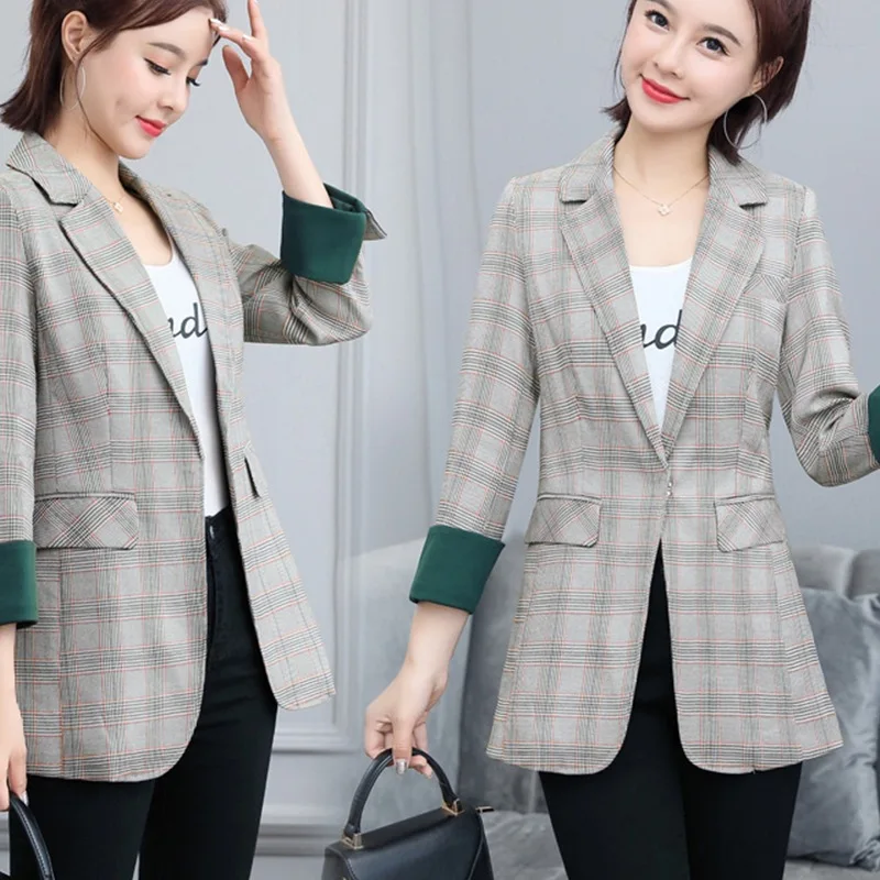 

Mid-length Plaid Suit Jacket One-Button Cuffs Versitile Fashion Trend Elegant Ladies'
