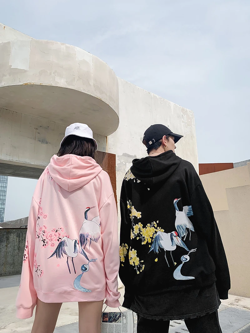 Dropshipping Chinese Style Flower Crane Printing Male Female Autumn Winter Hooded Sweatshirt Fashion Cotton Couple Hoodies