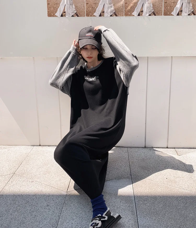 Correspondência sobre o Joelho com Capuz Outono Novo Solto Longo Hoody Cor Vestido Hong Kong Estilo Manga Comprida 2021 16 Moda Feminina