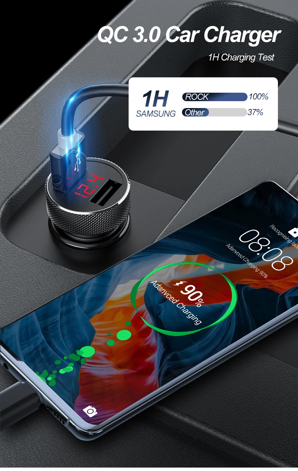 Автомобильное зарядное устройство ROCK Metal Quick Charge QC 3,0 цифровой светодиодный дисплей Супер быстрая зарядка USB Автомобильное зарядное устройство для iPhone huawei