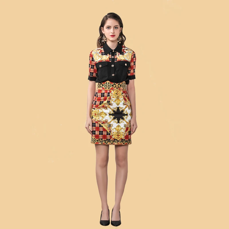 Designer 2020 Vrouwen Lente Zomer Korte Mouw Revers Blouse + Mini Rok Crystal Pailletten Rooster Print Elegante Nieuwe 2 Stuk set Designer 2020 Vrouwen Lente Zomer Korte Mouw Revers Blouse + Mini Rok Crystal Pailletten Rooster Print Elegante Nieuwe 2 Stuk set