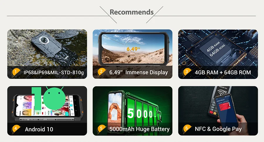 android 10 cellphones OUKITEL WP8 Pro NFC 6.49"HD+ 19.5:9 Android 10.0 MT6762D Octa Core 5000mAh 16MP Triple Cameras 4GB 64GB IP68 Rugged Mobile Phone best android cellphones