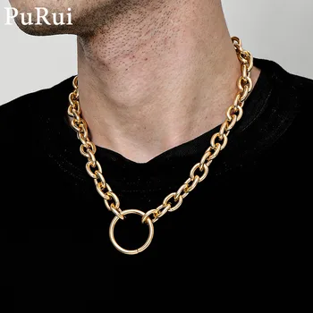 

Purui Simple Men Chain Necklace Punk Gold Color Thicken Cuban Chain Big Circel Pedant Choker Necklace for Women Fashion Collar