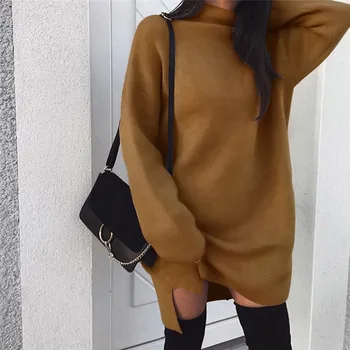 

Fashion Hot Sale Knitted Pullover Loose Mini Dress Winter Spring Autumn Women Sweatshirt Turtleneck Long Sleeve Jumper Dress