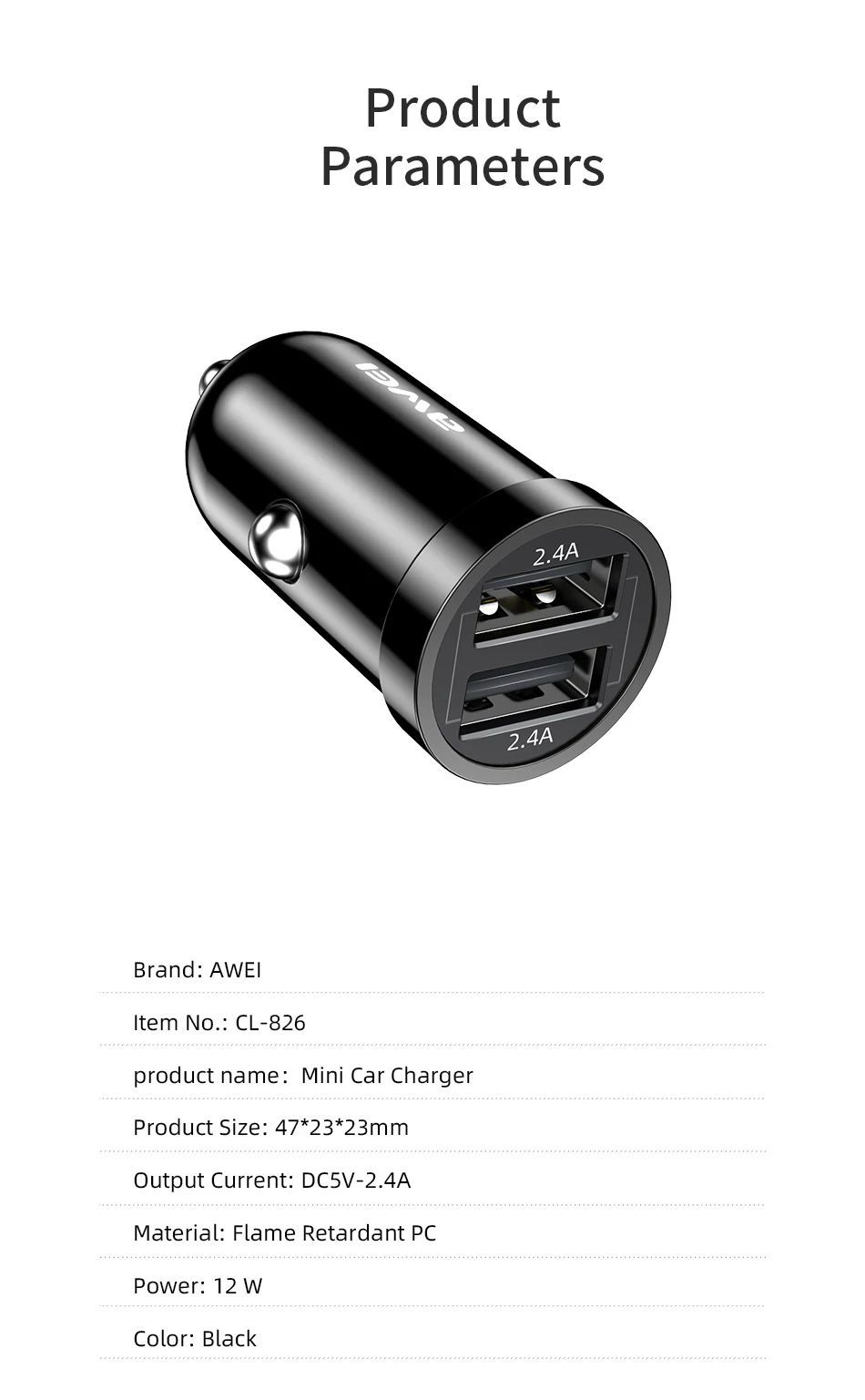 Awei Dual USB Car Charger 2.4A 2 Port Cigarette Lighter Socket Fast Charger USB Power Adapter For Smart Phones Car Charger type c car charger samsung