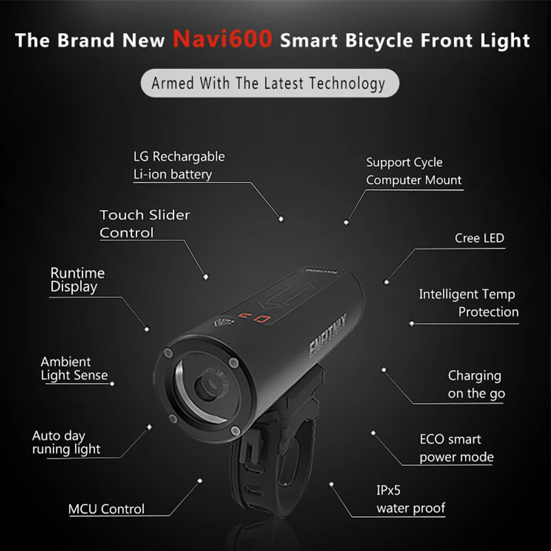 Navi600 smart Bike Front Light Sensing Intelligent Flashlight for ROAD MTB Bicycle USB Charging Tailight Night Riding Flashlight