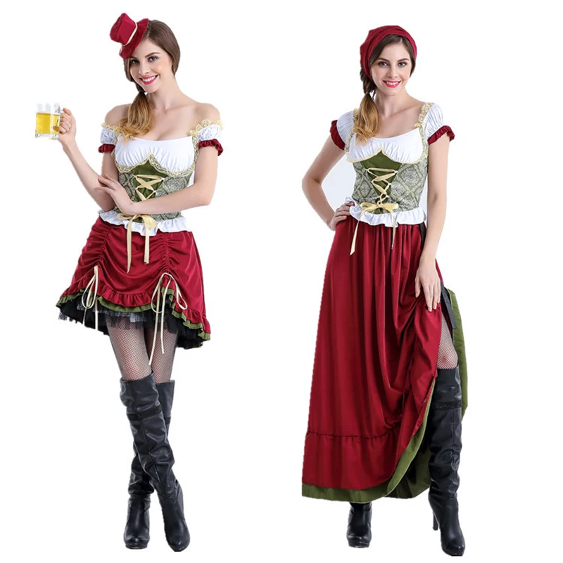 

Hot Adult Women Oktoberfest Costume Sexy Bavarian Beer Festival Red Short Long Dress Off Shoulder Bar Uniform Outfit For Girl