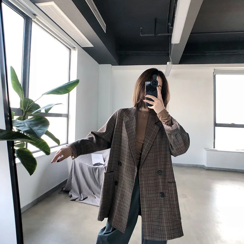

2019 New Korean Version of The Grid Leisure Video Skinny Suit Women Hong Mei Retro Jacket Notched Plaid Women Jackets and Coats