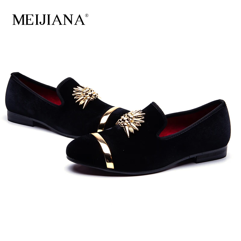 MEIJIANA Gold Mens Velvet Shoes Handmade Italian Fashion Loafers Men