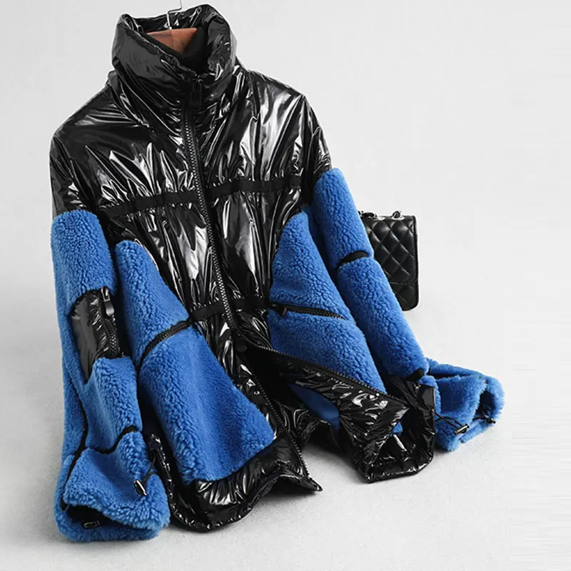 Новое зимнее шерстяное пальто с мехом женское стеганое пуховое пальто Глянцевая куртка женская модная куртка с воротником-стойкой Корейская повседневная куртка-парка 235