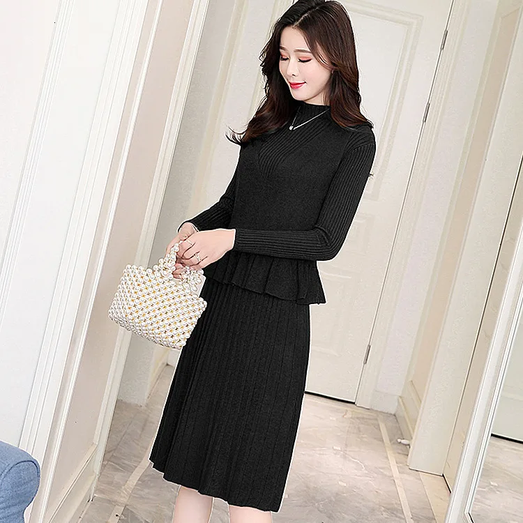 Season Suit-dress Knitting Vest Twinset Dress Lotus Leaf Edge Waistcoat Long Fund Rendering Sweater Maternity Dresses Cotton