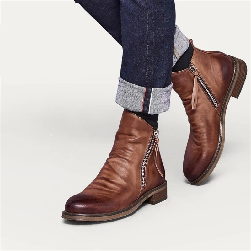 Botines de cuero con cremallera para botas de estilo vaquero, informales, color negro y marrón, talla grande 48 - AliExpress