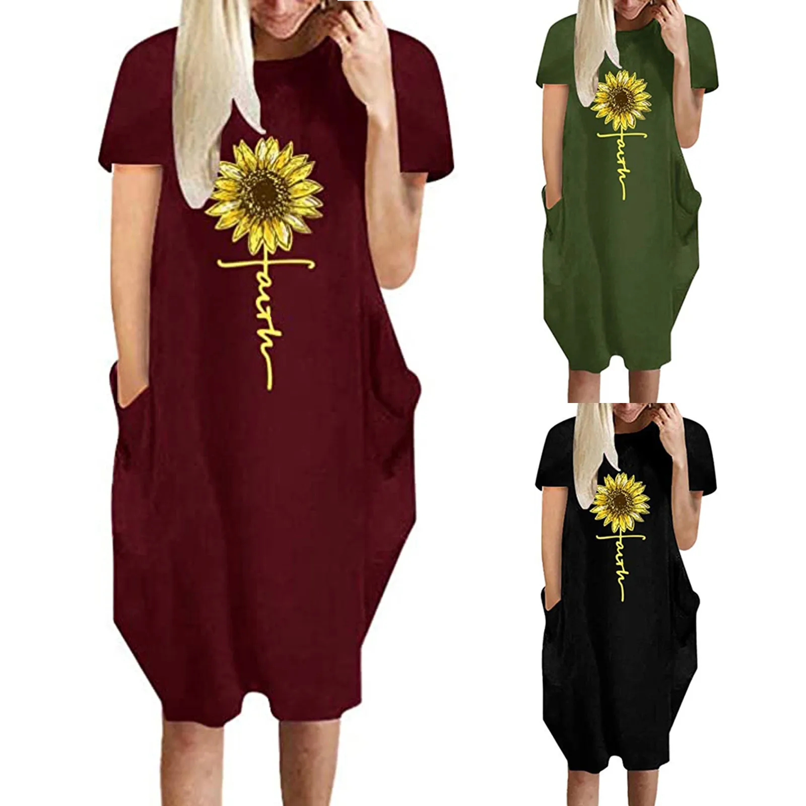 Loose Dress Women Sunflower Printed Short Sleeve Tunic Dresses Pockets Plus Size Casual T-shirt Ladies Summer Casual Vestido 1