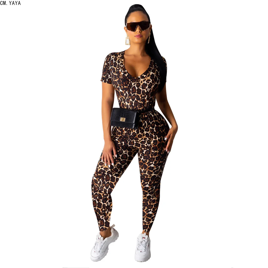 

CM.YAYA Leopard Two Piece Set casual Tracksuit Summer Clothes v-neck Short Sleeve Top long Shorts Sweat Suit for Women CM3114