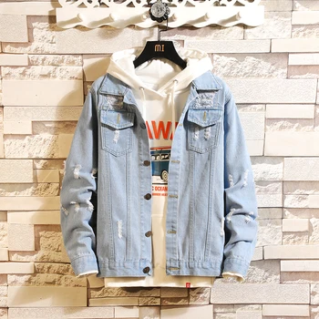

Men Jacket 2020 Spring and Autumn New Fashion Casual Hole-solid Color Slim Denim Jackets Men