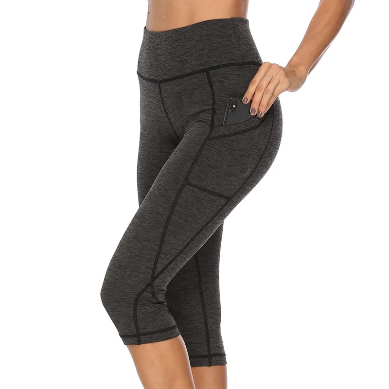 Женские леггинсы для тренировок, фитнеса, с высокой талией, дышащие леггинсы, с карманами, уличные штаны, эластичные, повседневные, короткие леггинсы - Color: Gray