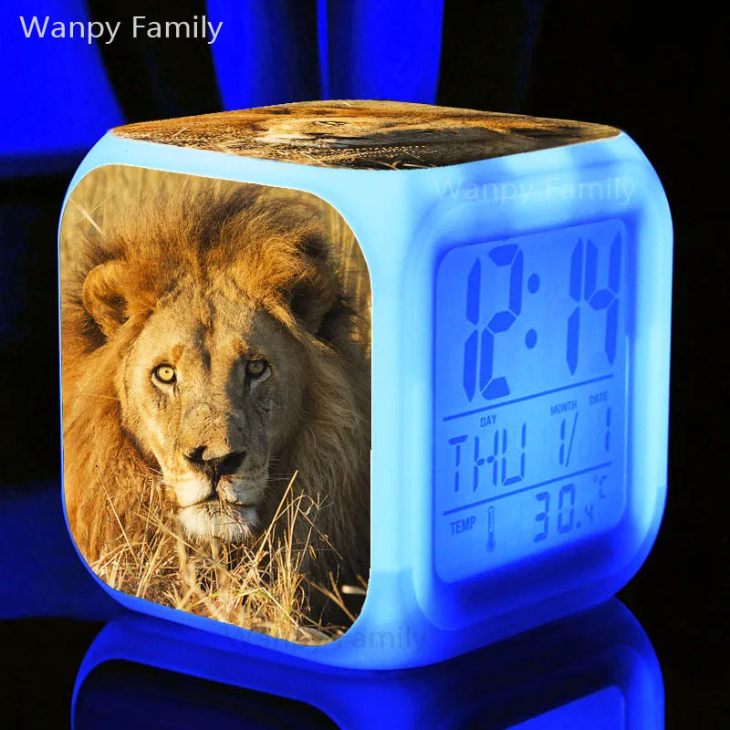 Африканский Лев Король Будильник 7 цветов светящийся светодиодный цифровой будильник для детей подарок на день рождения многофункциональные электронные часы - Цвет: Темно-синий