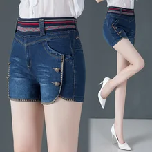 Степень герметичности талии высокой талии ковбойские шорты темно-синие женские свободные показать тонкие широкие ноги слово прилива
