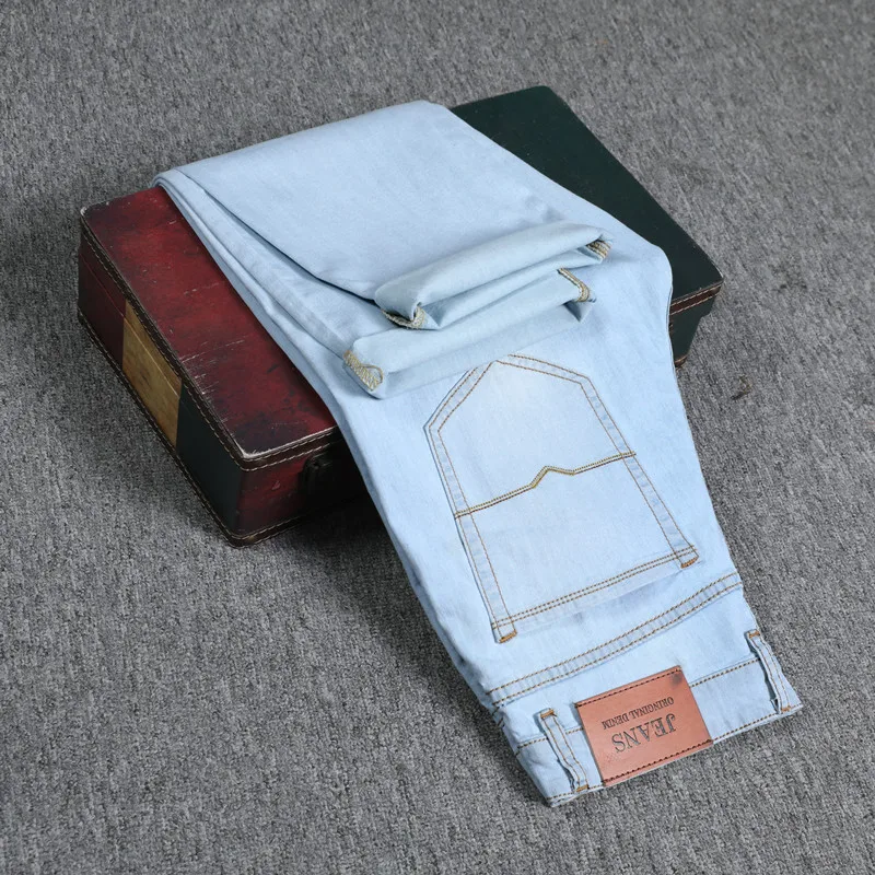 Flash Sale 2021 NOVEDAD DE VERANO Casual de negocios de pantalones vaqueros azul claro cómodo y suave de alta calidad de algodón de los hombres recto pantalones marca kjQlMO6ekDw
