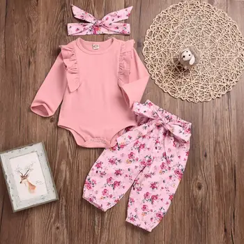 

Infant Boy Girl Long sleeve Pink romper + long Pant + Headband 3PC outfits for Baby 3M-2T