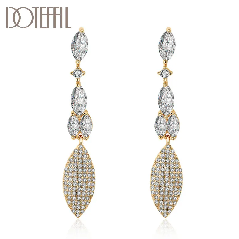 

DOTEFFIL 925 Sterling Silver 18K Gold AAA Zircon Leaves Earrings For Women Jewelry Fashion Wedding Party Gift