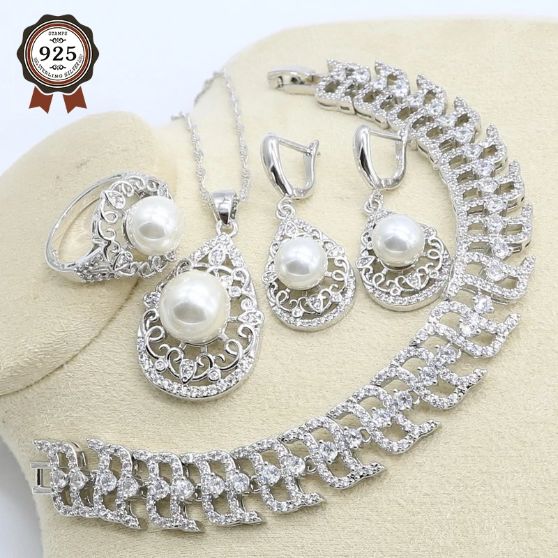 White Pearl Silver Color Jewelry Set for Women Zircon Bracelet Earring Necklace Pendant Ring Wedding Birthday Gift | Украшения и