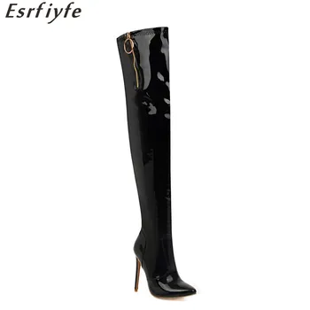 

ESRFIYFE 2020 New Over The Knee Boots Women PU Leather Thigh High Boots Ladies Pointed Toe High Heels Shoes Winter Warm Boots