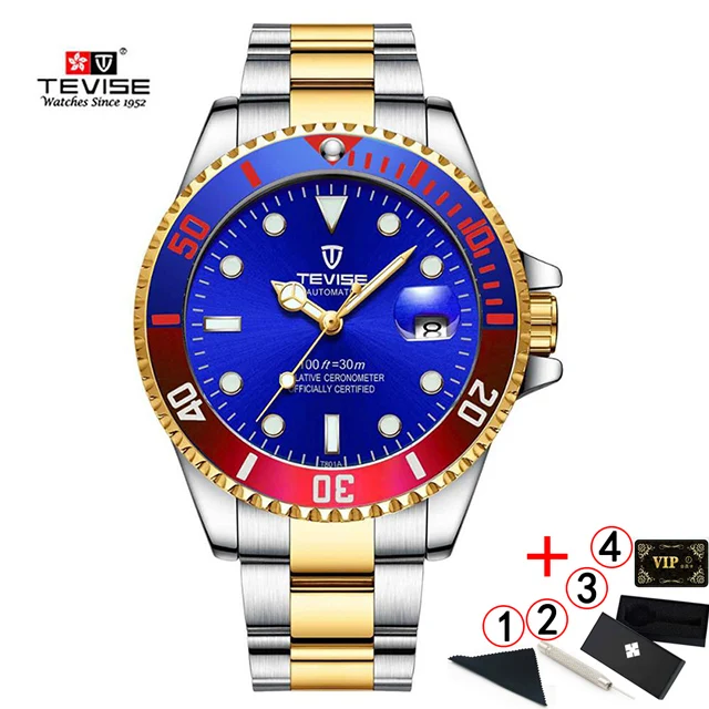 Tevise Luxury Waterproof Automatic Men Mechanical Watch Auto Date Steel Business Top Brand Man Watches Water Resistant - Color: 10-blue-red-slv-box