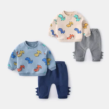

Boy Terry Cotton Sweatshirt Pant 2pcs/Set Baby Boys Top Trousers 2pcs Suit Infant Boys Dinosaur Lovely Clothes 6m 1t 2t Gift
