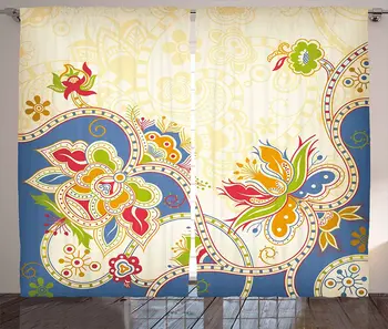 

Ethnic Window Curtains Floral Traditional Pattern with Swirls Petals Oriental Design Living Room Decor Bedroom Multicolor