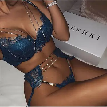 

Women Autumn New Sexy Floral Lace Push Up Bra Sets Bra Panties Garter Sets Christmas Rinestone Stipes Bra Brief Sets 3 Pcs/Lots