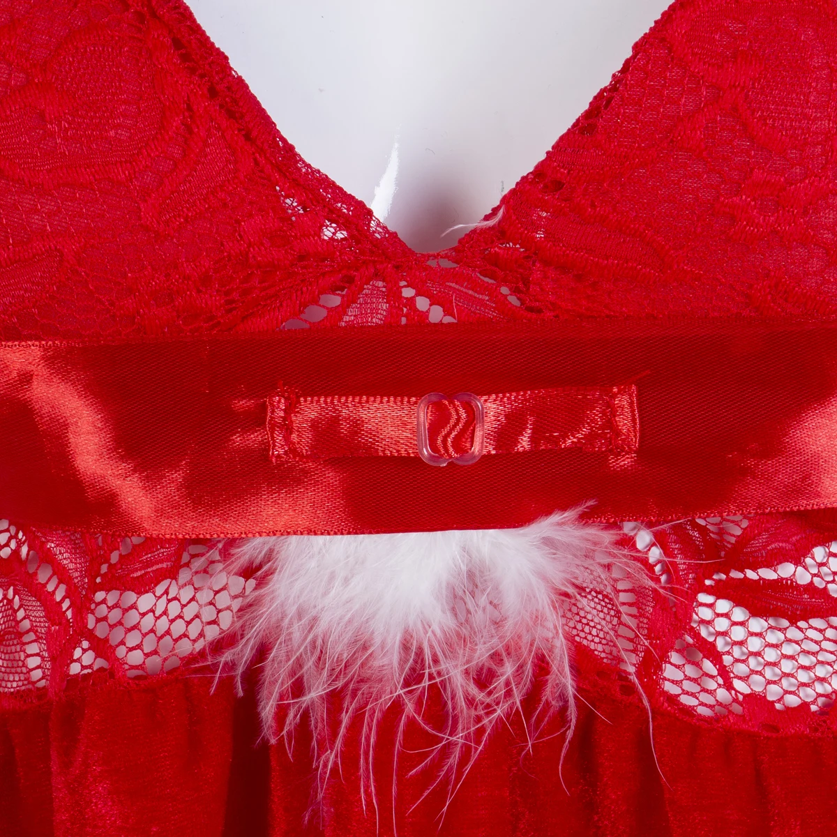 Женское Новое короткое рождественское сексуальное женское белье с перьями и глубоким v-образным вырезом, красное кружевное нижнее Белье для сна, Модные ночные рубашки