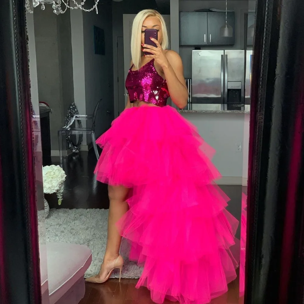 

Hot Pink Tiered Puffy Skirt Dramatic faldas Tulle Long Skirts Maxi Elastic Band Prom Party Gowns Candy Color
