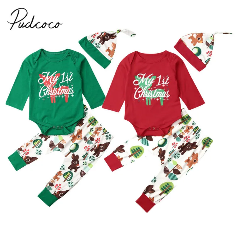 2019 Baby Spring Autumn Clothing Christmas Newborn Boy Girl Kid Long Sleeve Tops Elk Print Pants Hat 3Pcs Xmas Clothes | Детская одежда