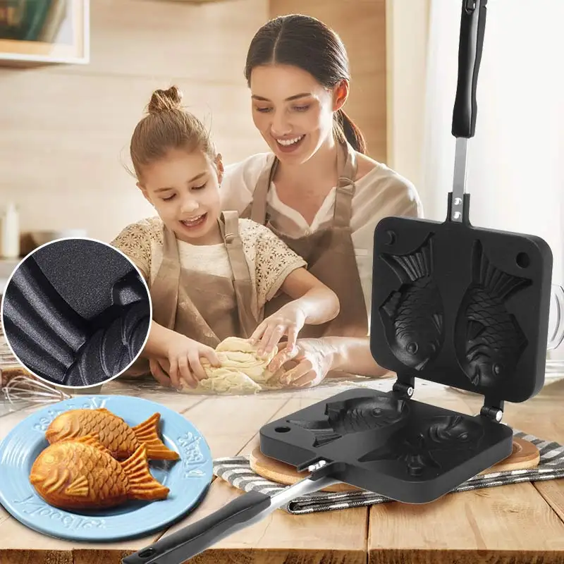 Taiyaki em Forma de Peixe Ferramenta de Cozinha Moldes Waffle Placa Fabricante Não-vara Buscuit Bolo Assar Bakeware Eletrodomésticos Cozinha Faça Você Mesmo 2 Pan