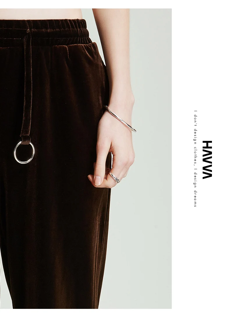 HAVVA autumn and winter new women black draped high waist pants loose gold velvet wide-leg mopping trousers K35010