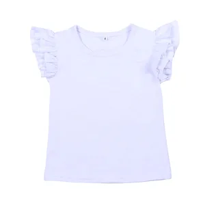 95%Cotton Plain Color High Quality Summer Flutter Sleeve White Pink T-shirt Casual Kids Girls Shirts Wholesale