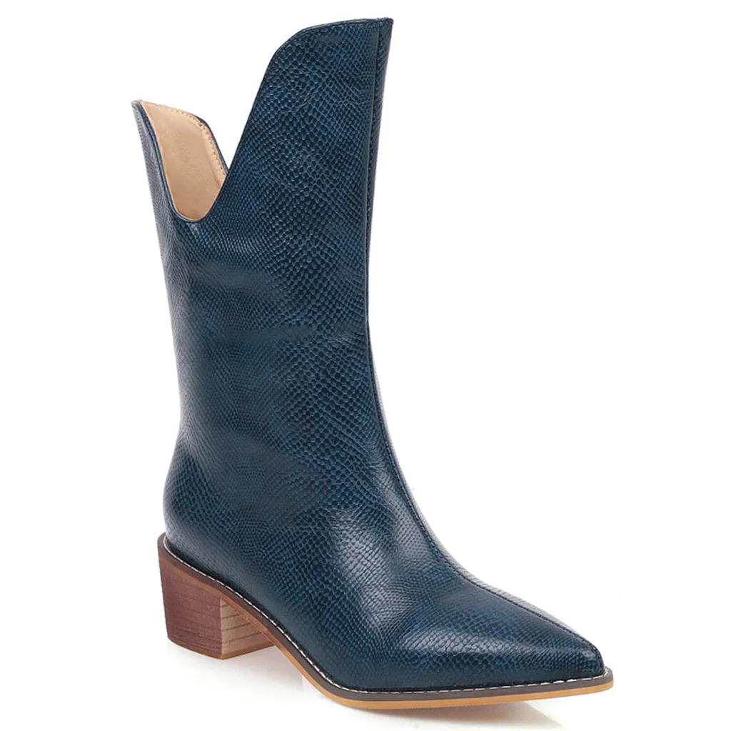 Solid Color Boots Women's Ladies Leisure Rome Large Size Slip-On Square Mid-heel Boot Shoes PU leather Booties zapatos de mujer