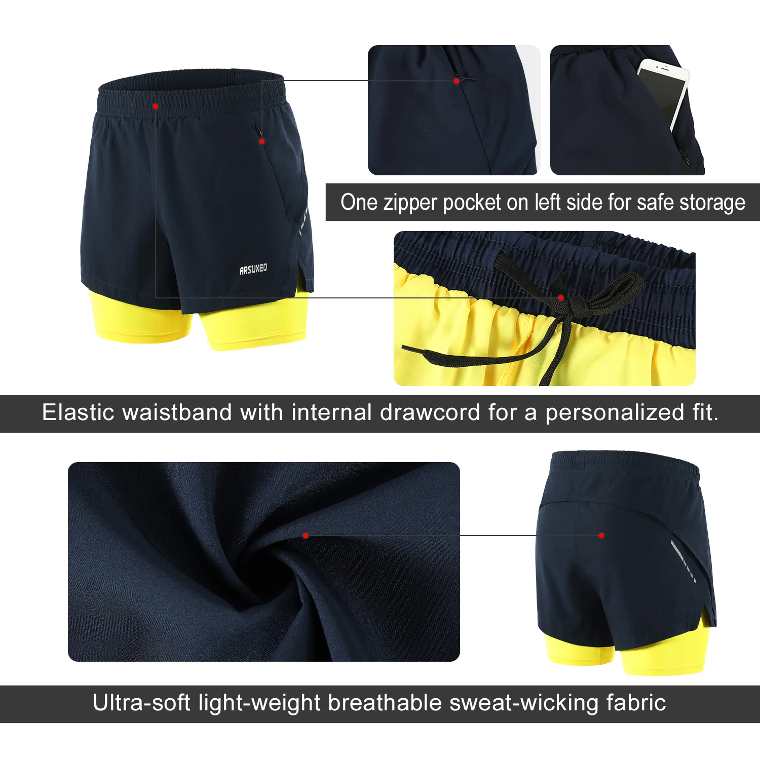 ARSUXEO для бега спортивные мужские шорты для тренировок бега Спортивные шорты 2 в 1 шорты для женщин с более лайнер быстросохнущая B202